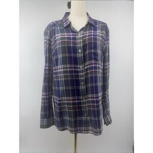 Tommy Bahama Women's Blouse Plaid Cotton Button Top Large Purple Green